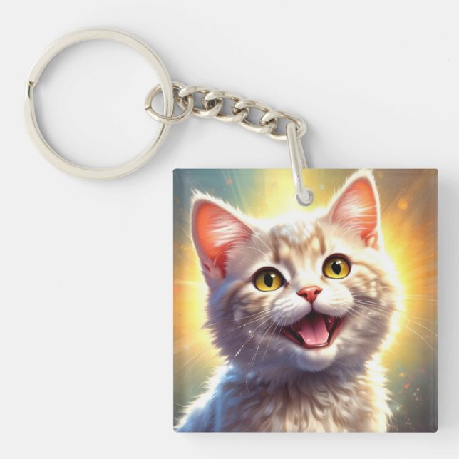 Cute Funny Happy Kitty Acrylic Keychain (Front)