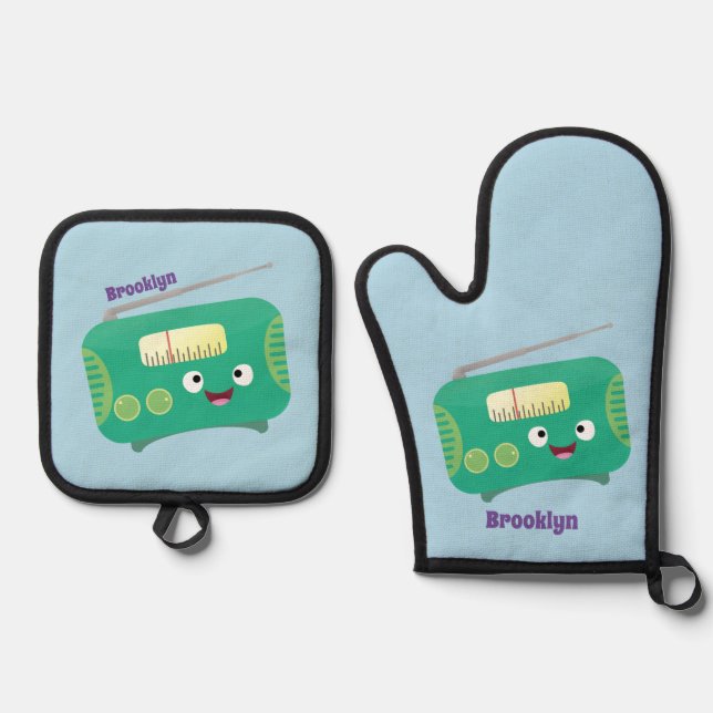Cute funny happy retro radio cartoon oven mitt & pot holder set (Front)