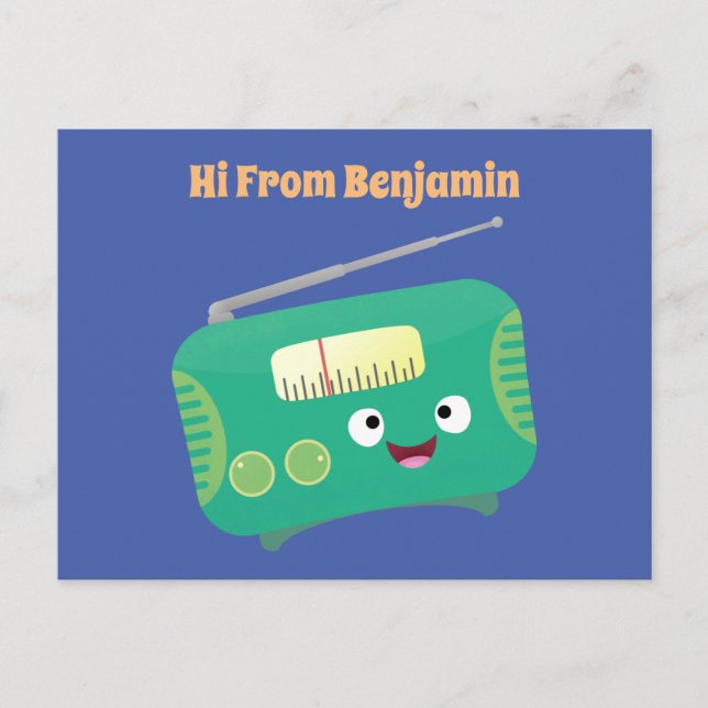 Cute funny happy retro radio cartoon postcard (Front)