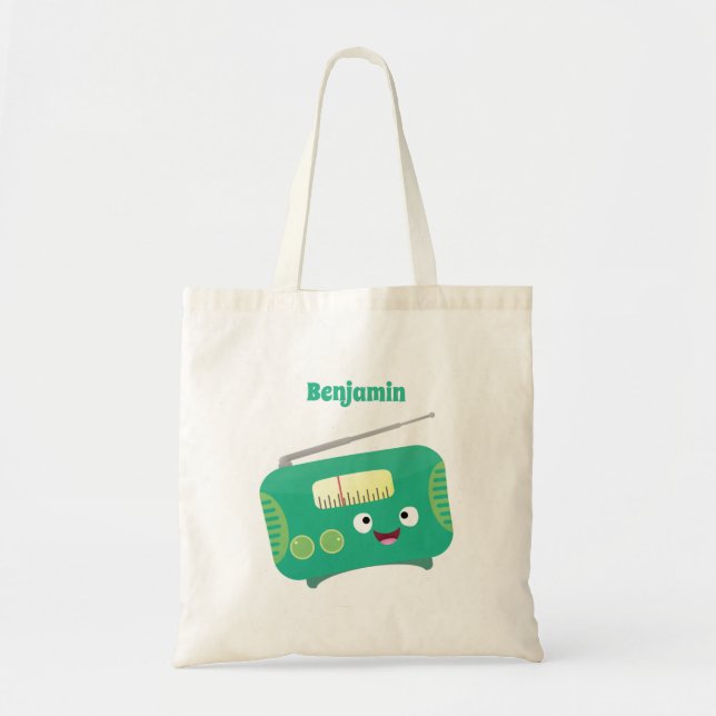 Cute funny happy retro radio cartoon  tote bag (Front)