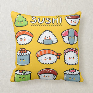 Cute funny happy sushi maki rolls cartoon seamless cushion