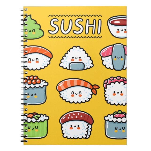 Cute funny happy sushi maki rolls cartoon seamless notebook (Front)