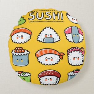 Cute funny happy sushi maki rolls cartoon seamless round cushion