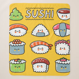 Cute funny happy sushi maki rolls cartoon seamless sherpa blanket
