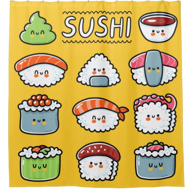 Cute funny happy sushi maki rolls cartoon seamless shower curtain (Front)