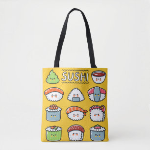 Cute funny happy sushi maki rolls cartoon seamless tote bag