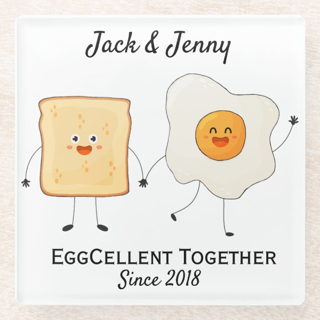 Cute Funny Happy Toast Eggcelent Together     Glass Coaster (Front)