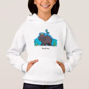 Cute funny hippopotamus with bird cartoon