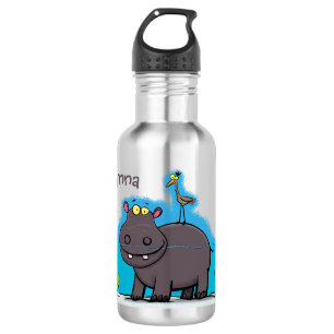 Cute funny hippopotamus with bird cartoon 532 ml water bottle