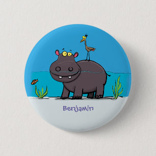 Cute funny hippopotamus with bird cartoon 6 cm round badge