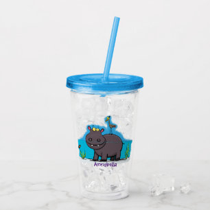 Cute funny hippopotamus with bird cartoon acrylic tumbler
