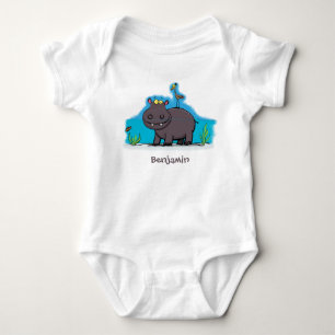 Cute funny hippopotamus with bird cartoon baby bodysuit