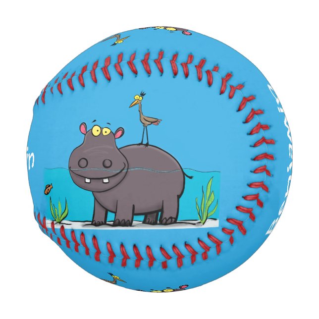 Cute funny hippopotamus with bird cartoon baseball (Front Right)