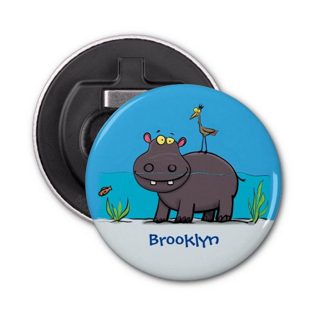 Cute funny hippopotamus with bird cartoon bottle opener (Front)