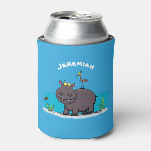 Cute funny hippopotamus with bird cartoon can cooler