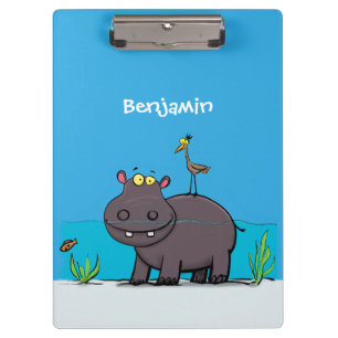 Cute funny hippopotamus with bird cartoon clipboard