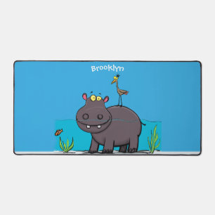Cute funny hippopotamus with bird cartoon desk mat