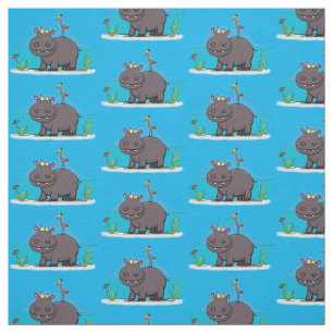 Cute funny hippopotamus with bird cartoon fabric