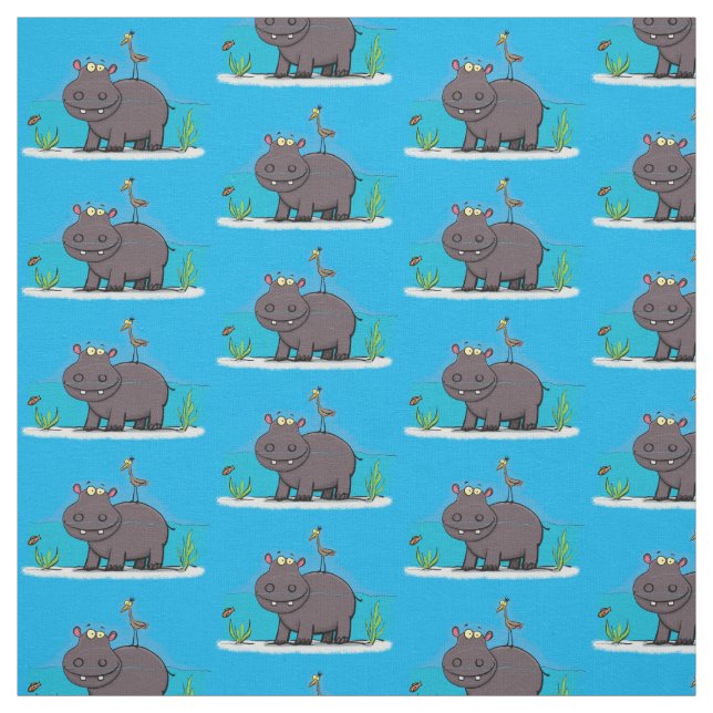 Cute funny hippopotamus with bird cartoon fabric (Swatch)