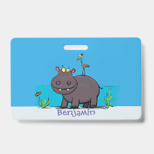 Cute funny hippopotamus with bird cartoon ID badge