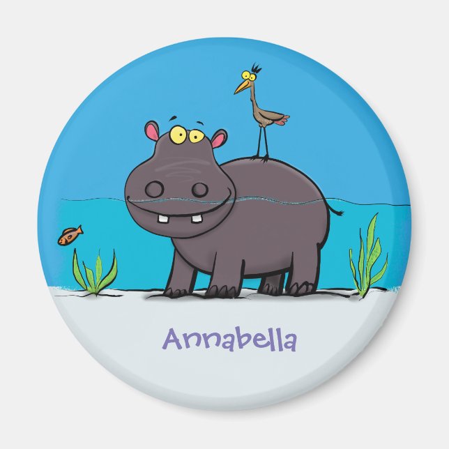 Cute funny hippopotamus with bird cartoon magnet (Front)