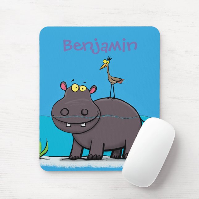 Cute funny hippopotamus with bird cartoon mouse pad (With Mouse)