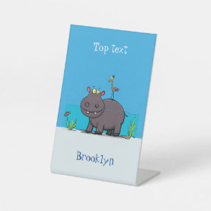 Cute funny hippopotamus with bird cartoon  pedestal sign