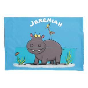 Cute funny hippopotamus with bird cartoon pillowcase