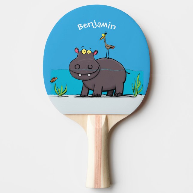 Cute funny hippopotamus with bird cartoon ping pong paddle (Front)
