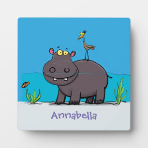 Cute funny hippopotamus with bird cartoon plaque