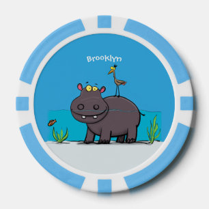 Cute funny hippopotamus with bird cartoon poker chips