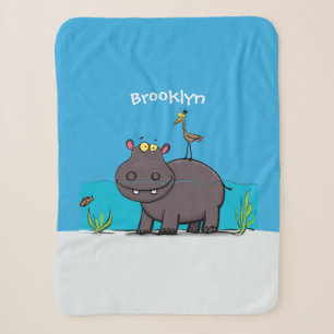Cute funny hippopotamus with bird cartoon sherpa blanket