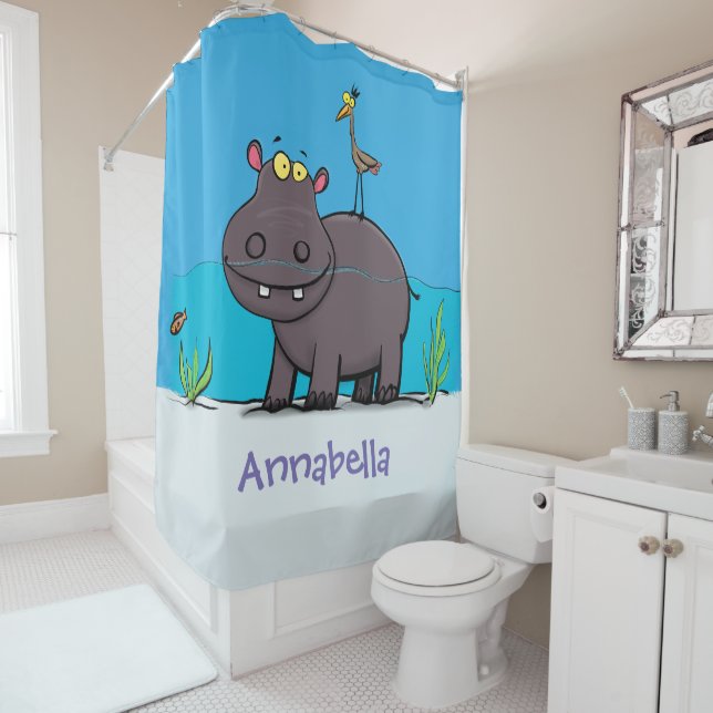 Cute funny hippopotamus with bird cartoon shower curtain (In Situ)
