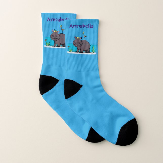 Cute funny hippopotamus with bird cartoon socks (Pair)