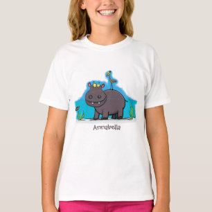 Cute funny hippopotamus with bird cartoon T-Shirt