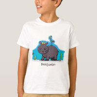 Cute funny hippopotamus with bird cartoon