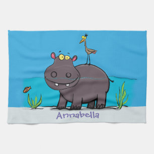 Cute funny hippopotamus with bird cartoon tea towel