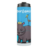 Cute funny hippopotamus with bird cartoon