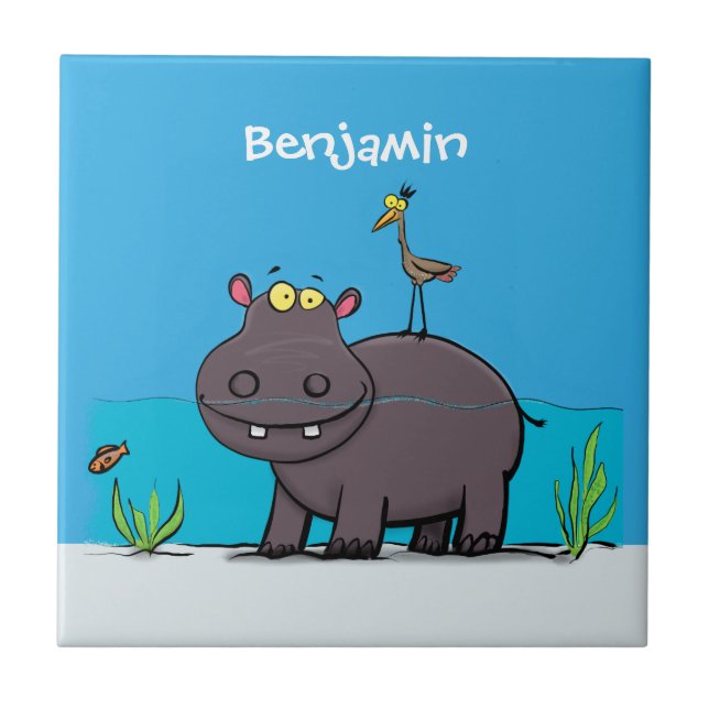 Cute funny hippopotamus with bird cartoon tile (Front)