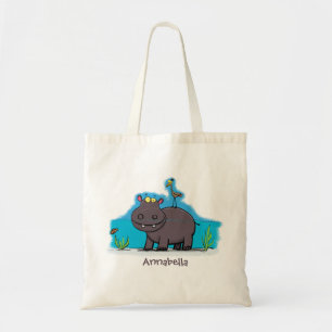Cute funny hippopotamus with bird cartoon tote bag