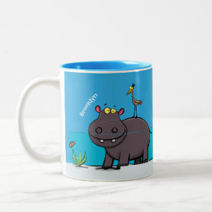 Cute funny hippopotamus with bird cartoon Two-Tone coffee mug