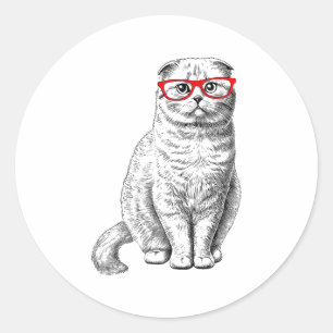 Cute Funny Hipster Gles Scottish Fold Cat Lover Fo Classic Round Sticker