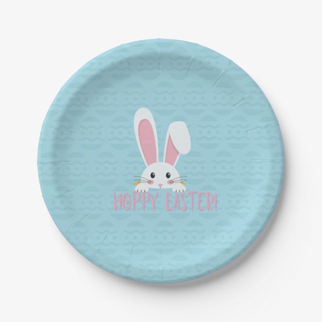 Cute Funny Hoppy Easter Bunny Blue Party Plate (Front)