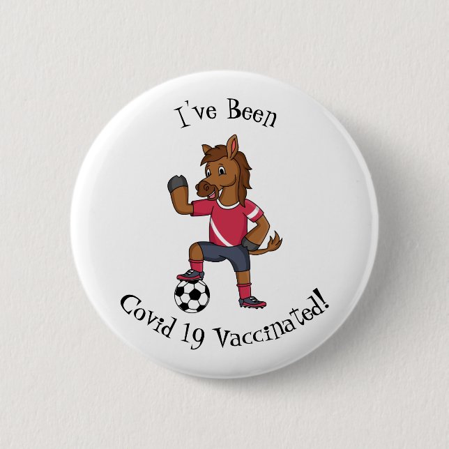 Cute funny horse playing soccer cartoon 6 cm round badge (Front)