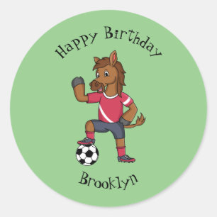 Cute funny horse playing soccer cartoon classic round sticker