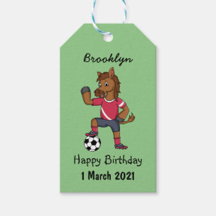 Cute funny horse playing soccer cartoon gift tags