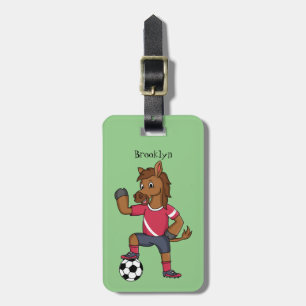 Cute funny horse playing soccer cartoon luggage tag