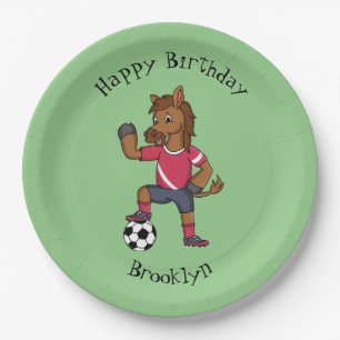 Cute funny horse playing soccer cartoon paper plate