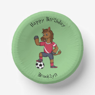 Cute funny horse playing soccer cartoon  paper plate