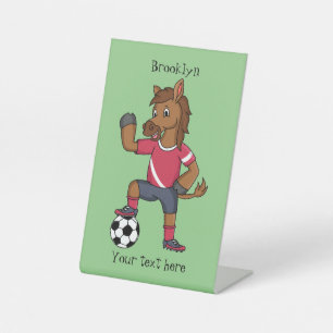 Cute funny horse playing soccer cartoon  pedestal sign